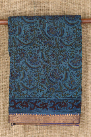 Zari Border With Floral Ajrakh Printed Aegean Blue Mangalagiri Cotton Saree