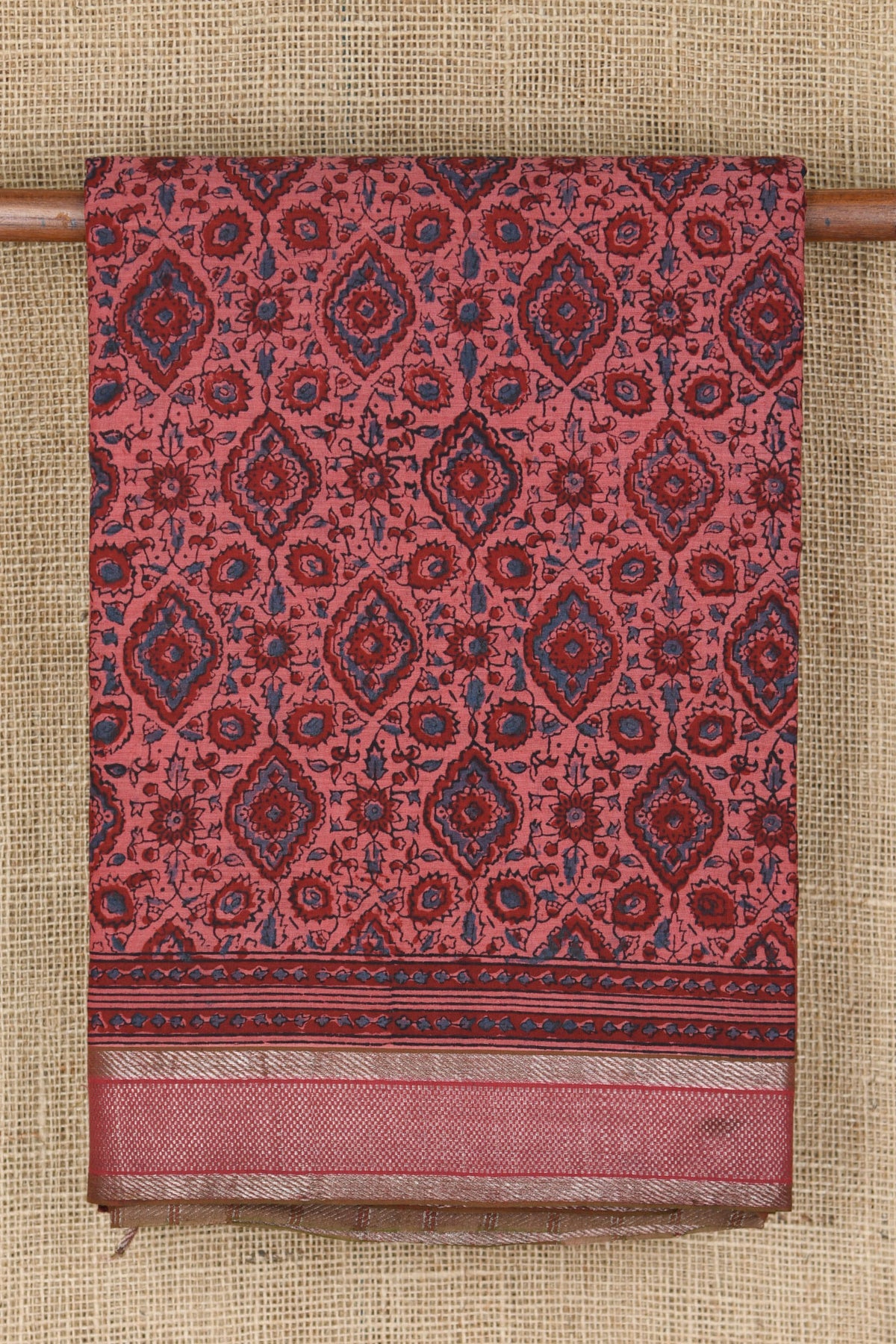 Zari Border With Floral Ajrakh Printed Mauve Pink Mangalagiri Cotton Saree