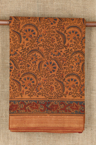 Zari Border With Floral Ajrakh Printed Rust Orange Mangalagiri Cotton Saree