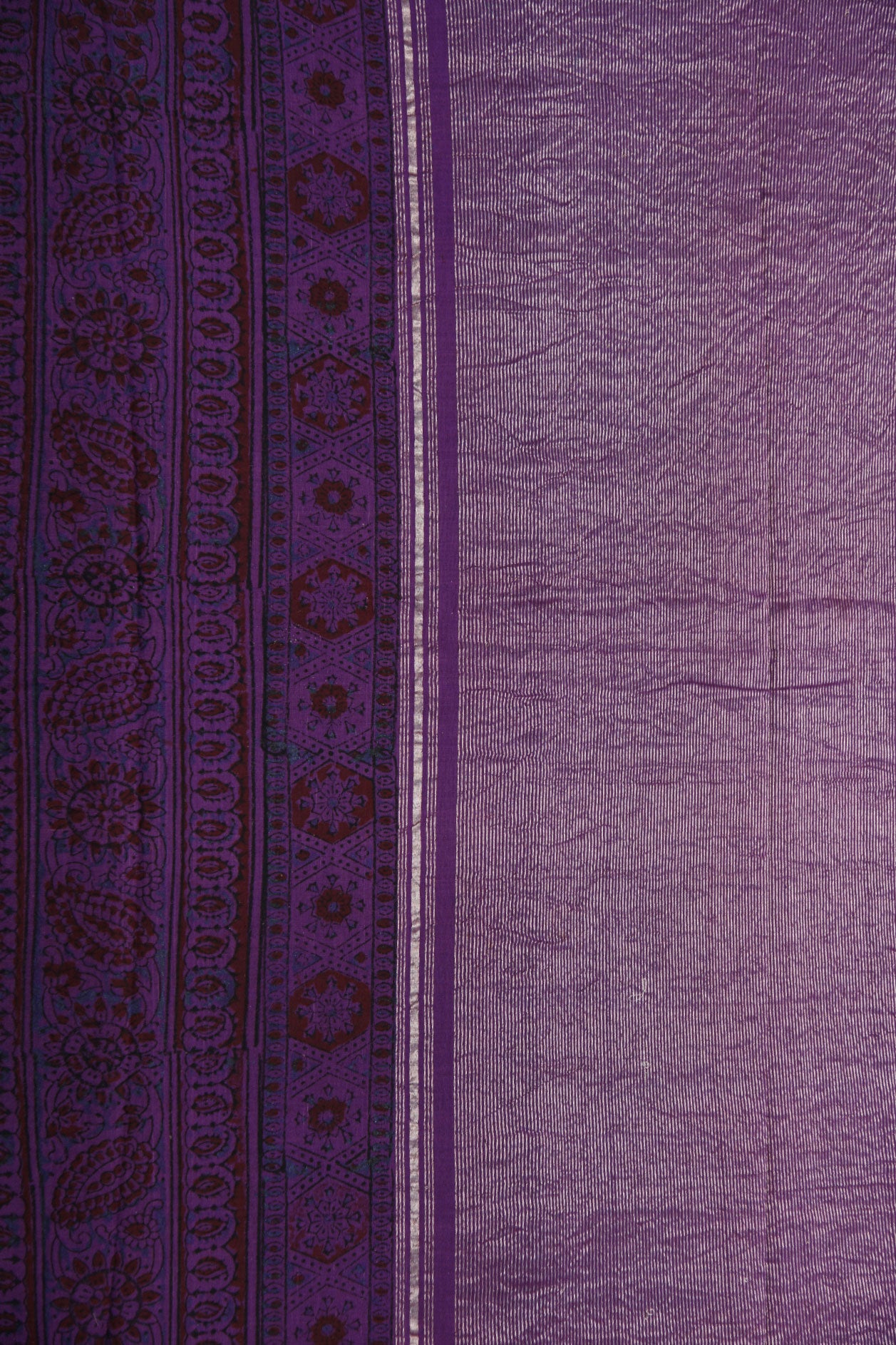 Zari Border With Floral Ajrakh Printed Violet Mangalagiri Cotton Saree