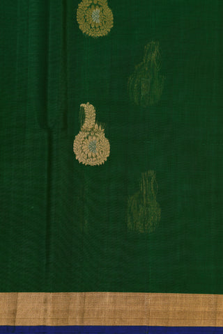Zari Border With Floral Butta Bottle Green Kora Silk Cotton Saree