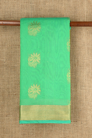 Zari Border With Floral Butta Green Semi Kora Silk Cotton Saree
