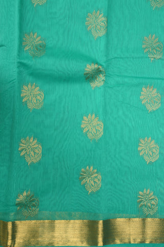 Zari Border With Floral Butta Mint Green Semi Kora Silk Cotton Saree