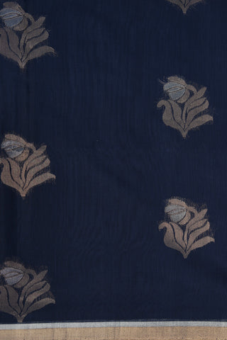 Zari Border With Floral Butta Navy Blue Kora Silk Cotton Saree