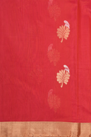 Zari Border With Leaf Butta Tomato Red Kora Silk Cotton Saree