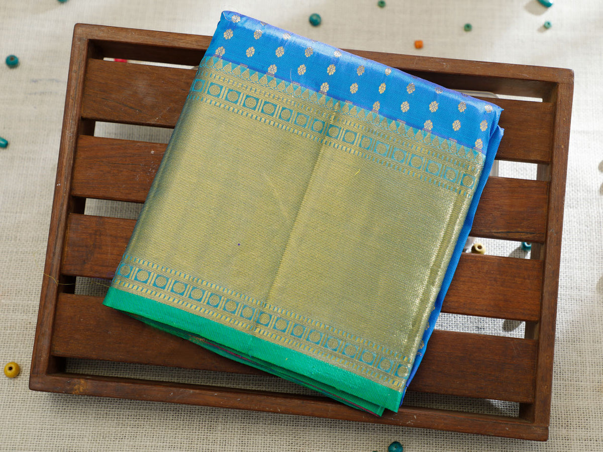 Zari Border With Floral Buttis Cerulean Blue Kanchipuram Silk Unstitched Pavadai Sattai Material