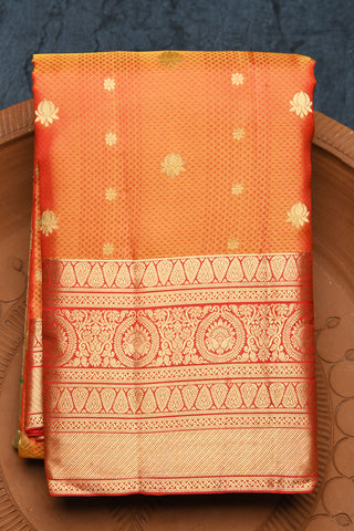 Zari Border With Floral Buttis Ochre Orange Kanchipuram Silk Saree