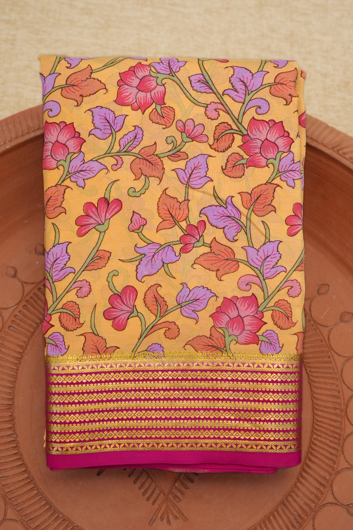 Zari Border With Floral Design Pastel Yellow Mysore Silk Saree