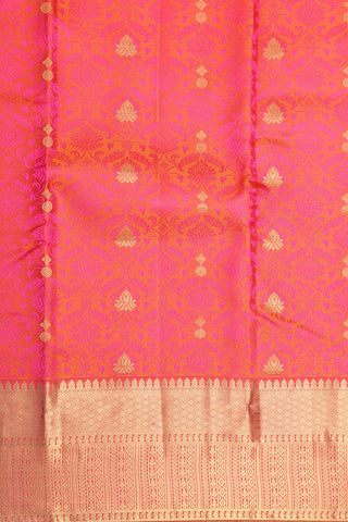 Zari Border With Floral Design Pinkish Orange Kanchipuram Silk Saree