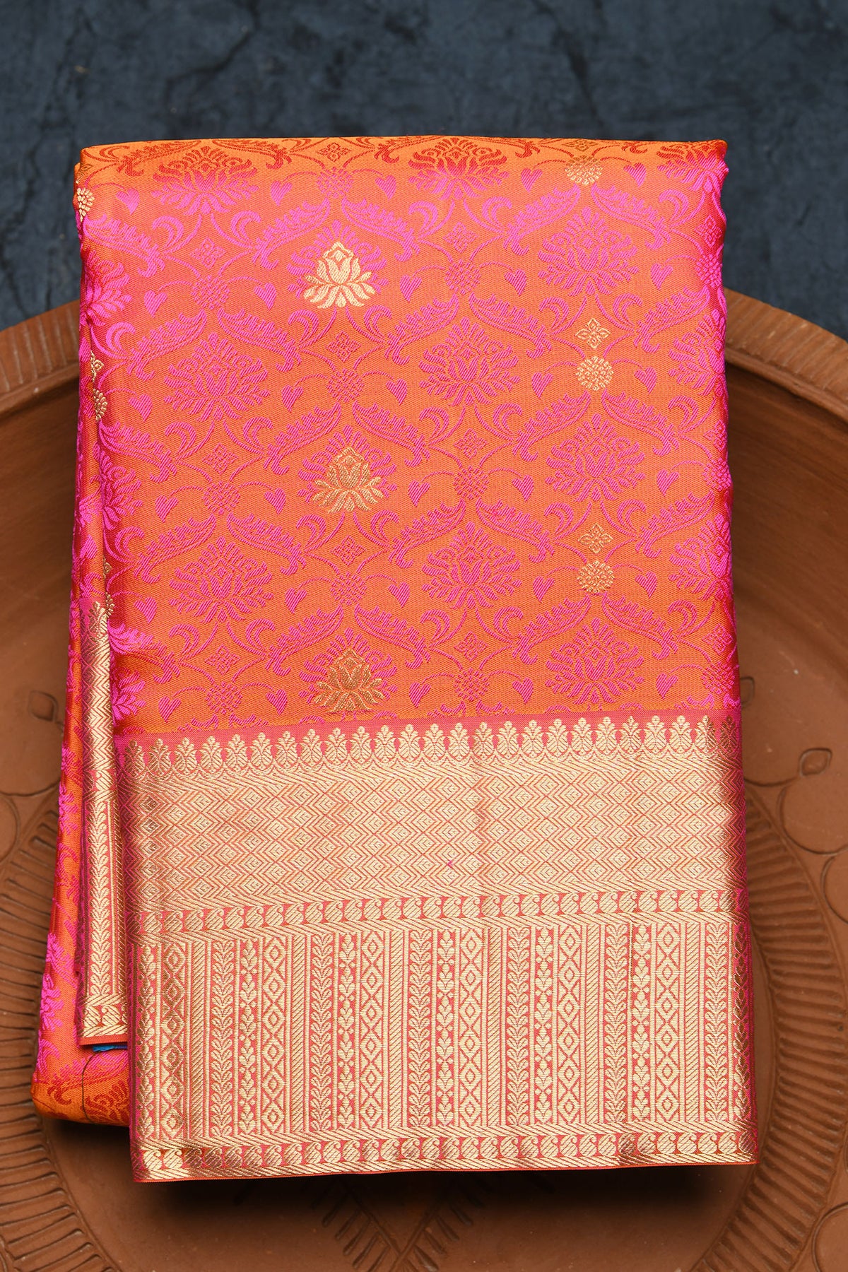 Zari Border With Floral Design Pinkish Orange Kanchipuram Silk Saree