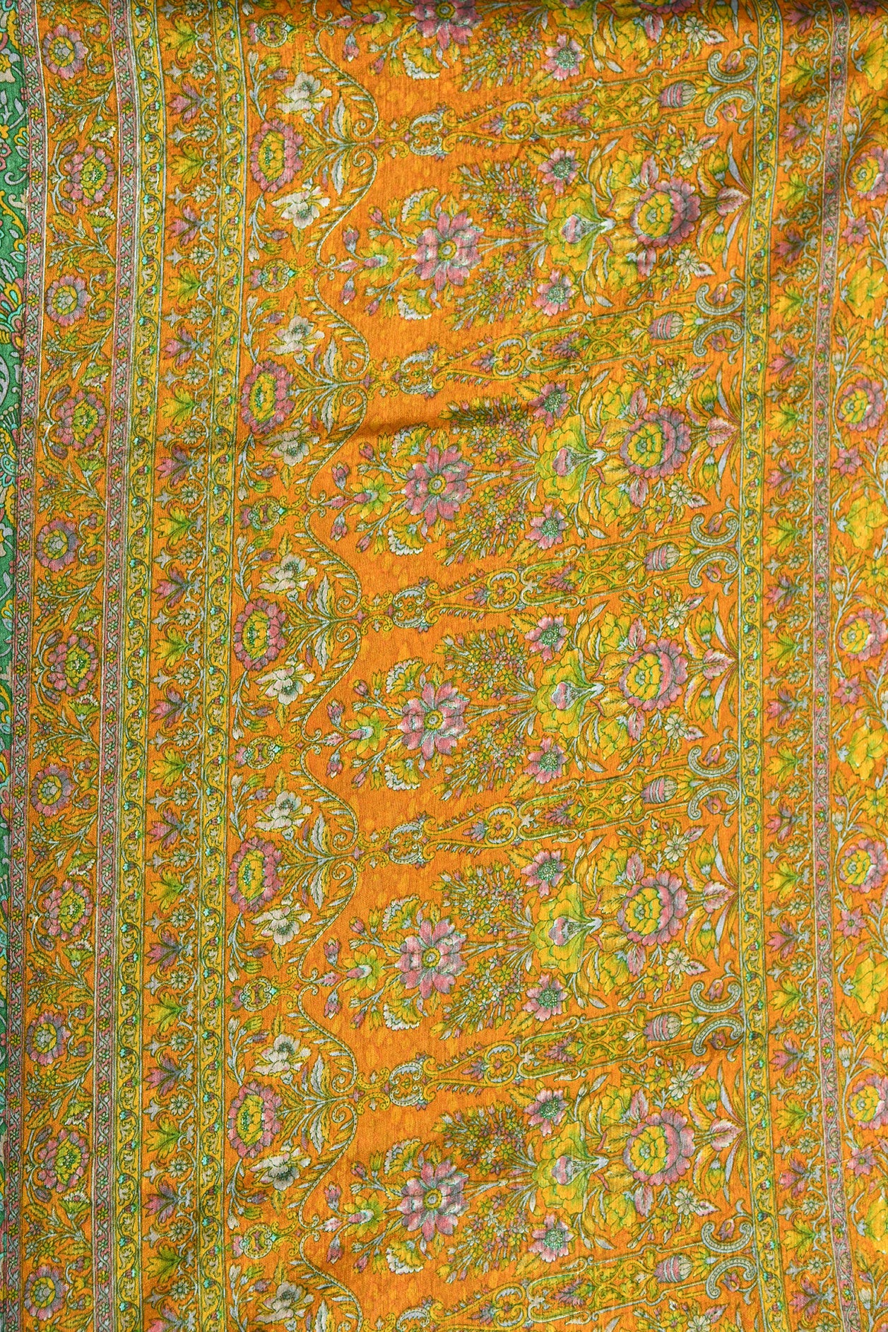 Zari Border With Floral Digital Printed Green Semi Raw Silk Saree