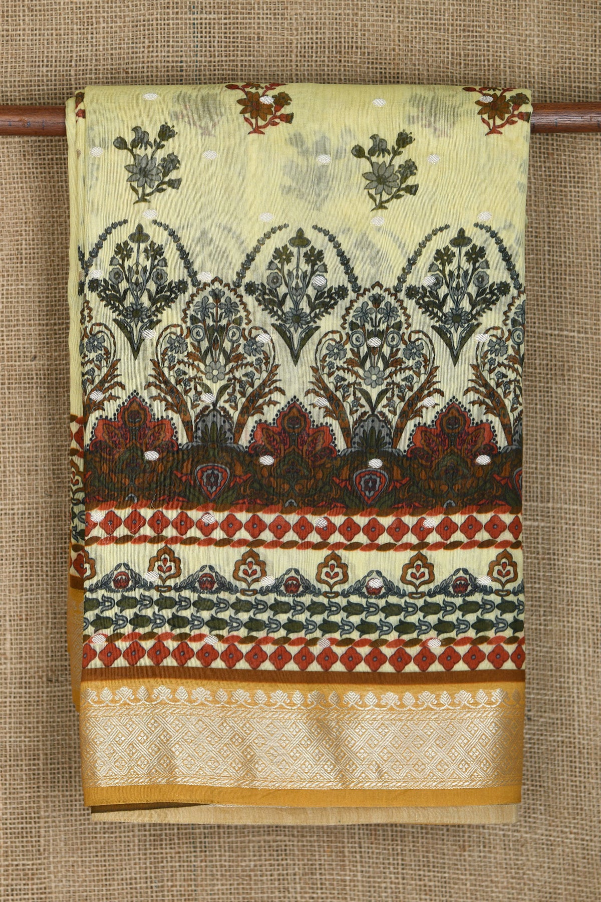 Zari Border With Floral Digital Printed Ivory Chanderi Printed Cotton Saree