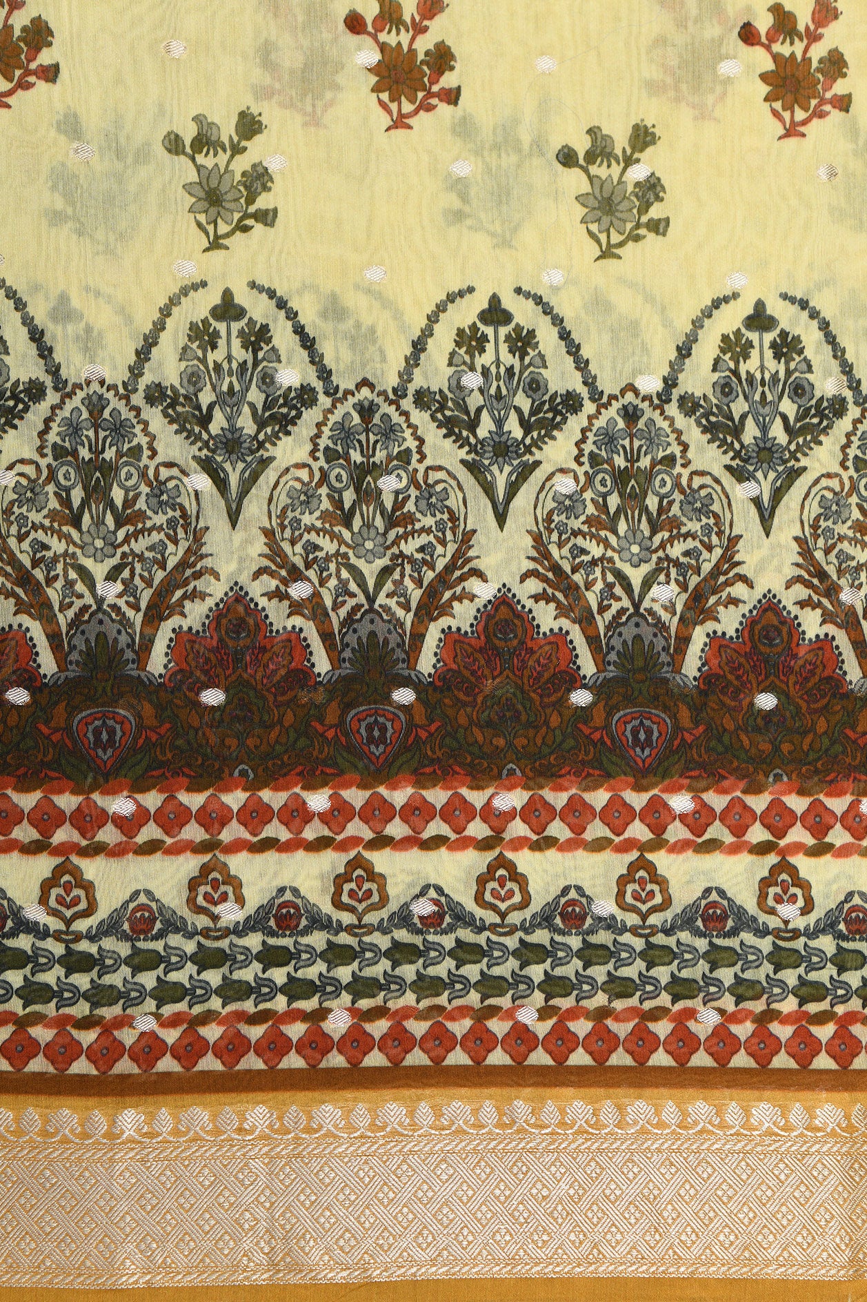 Zari Border With Floral Digital Printed Ivory Chanderi Printed Cotton Saree