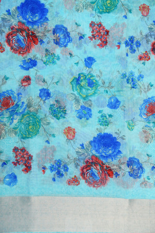 Zari Border With Floral Digital Printed Pastel Blue Semi Jute Saree