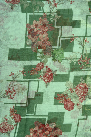 Zari Border With Floral Digital Printed Pastel Green Semi Jute Saree