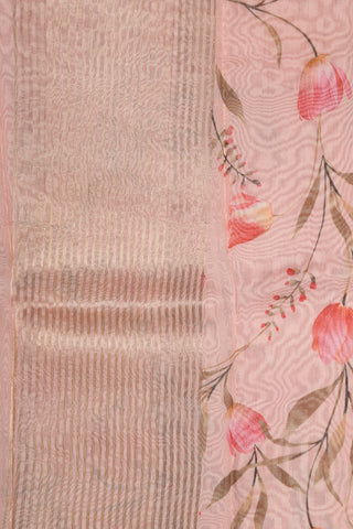 Zari Border With Botanical Digital Printed Pastel Pink Organza Silk Saree