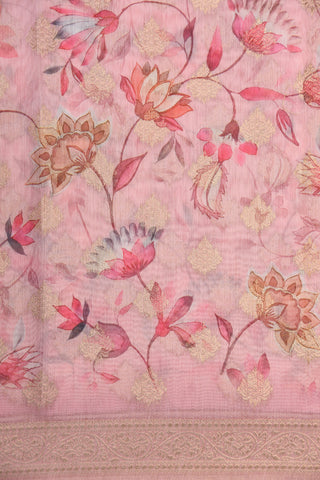 Zari Border With Floral Digital Printed Pastel Pink Semi Linen Silk Saree