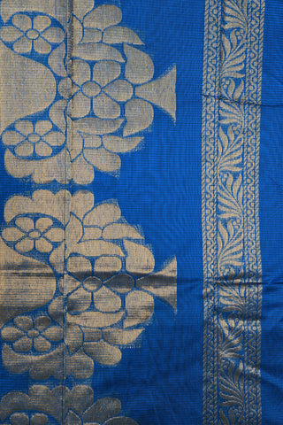 Zari Border With Floral Motif Azure Blue Semi Kora Silk Cotton Saree