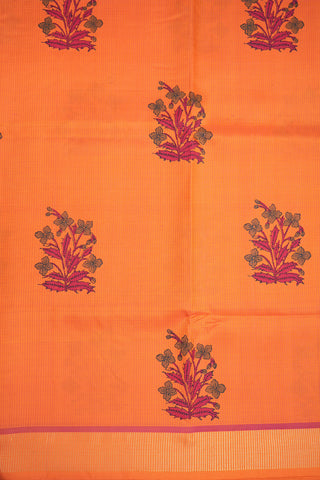 Zari Border With Floral Printed Bright Orange Kanchipuram Silk Saree