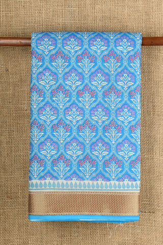 Zari Border With Floral Ogee Pattern Cerulean Blue Chanderi Cotton Saree