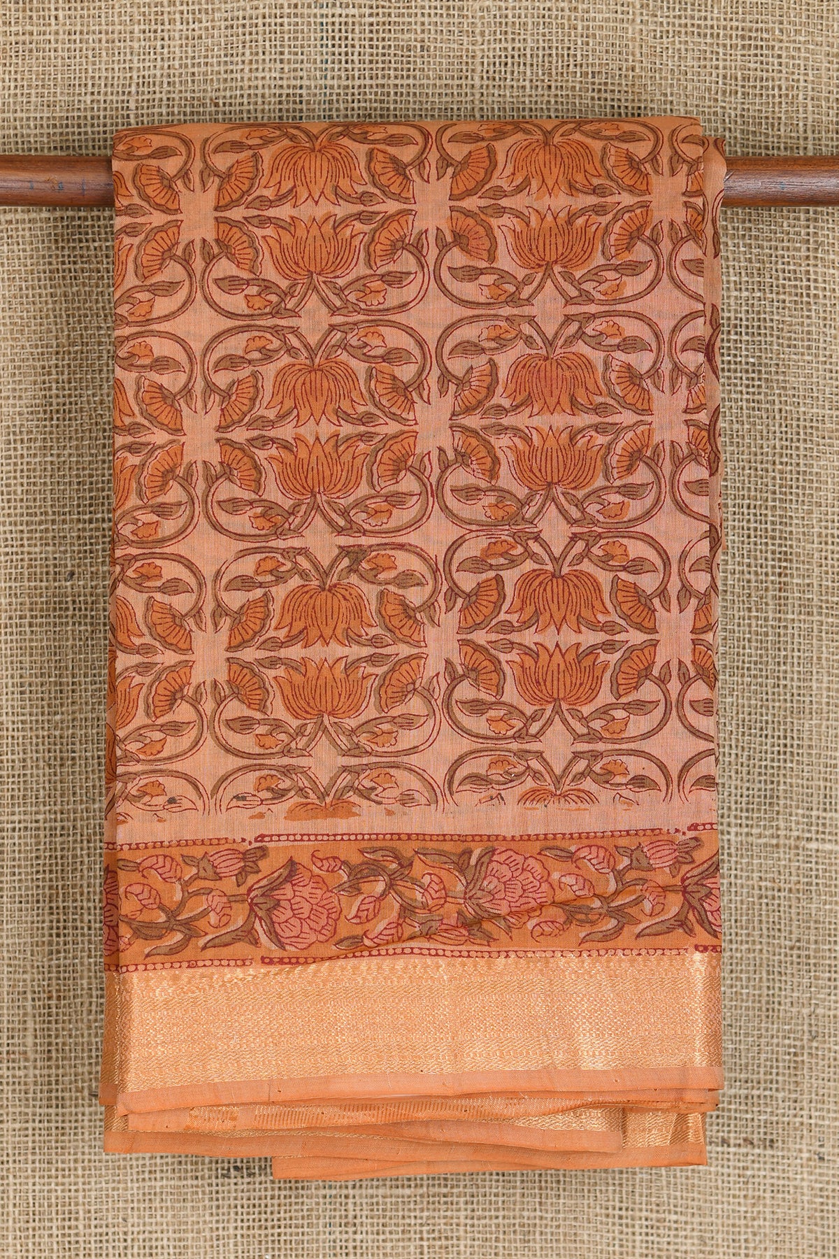 Zari Border With Floral Printed Brown Mangalagiri Cotton Saree