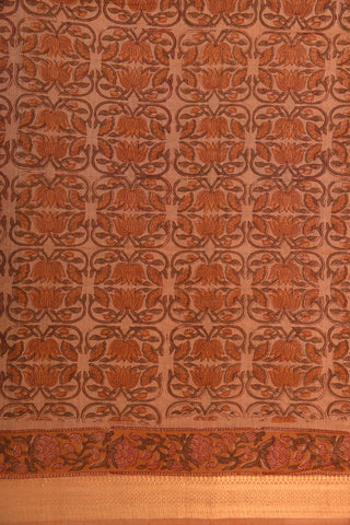 Zari Border With Floral Printed Brown Mangalagiri Cotton Saree