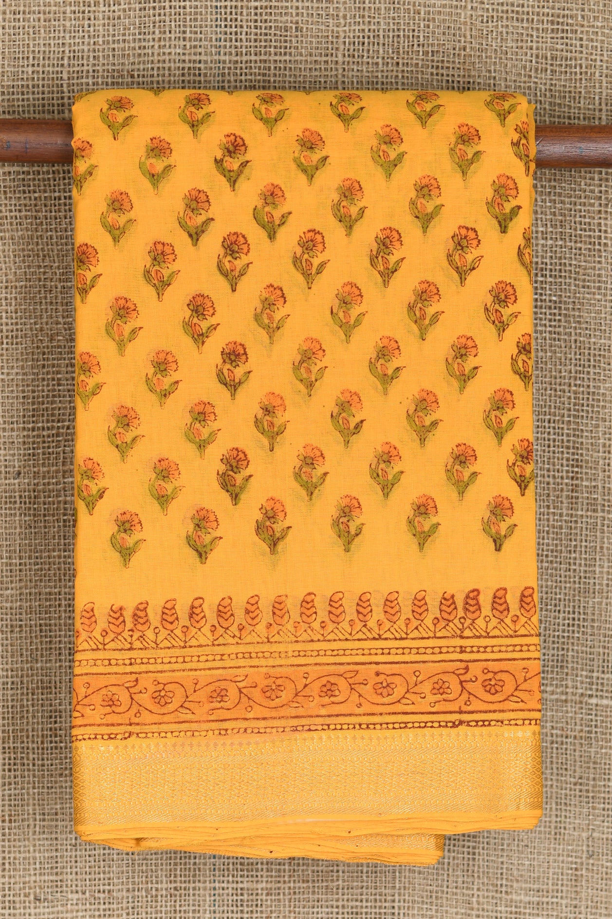 Zari Border With Floral Printed Mango Yellow Mangalagiri Cotton Saree