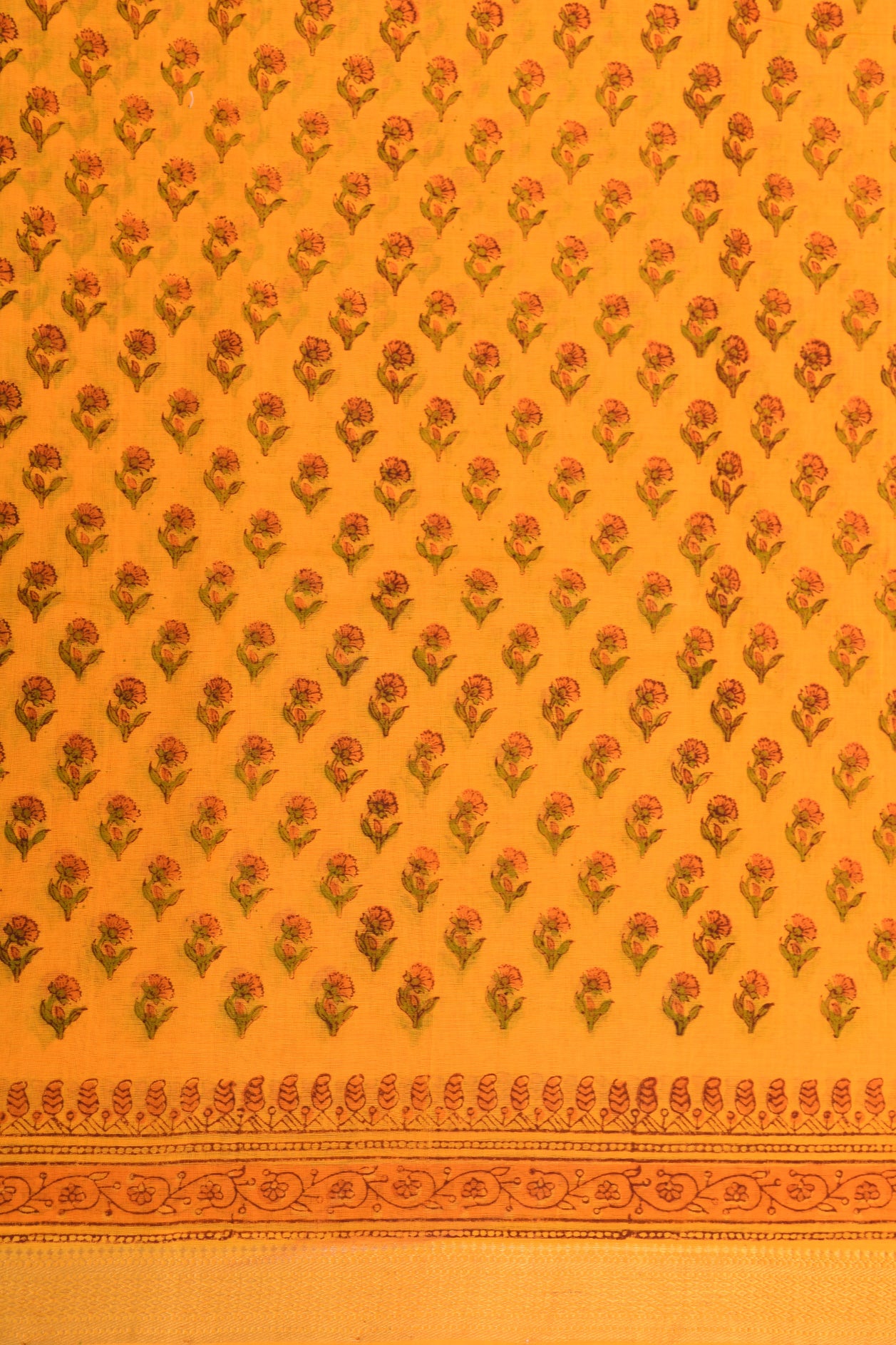 Zari Border With Floral Printed Mango Yellow Mangalagiri Cotton Saree
