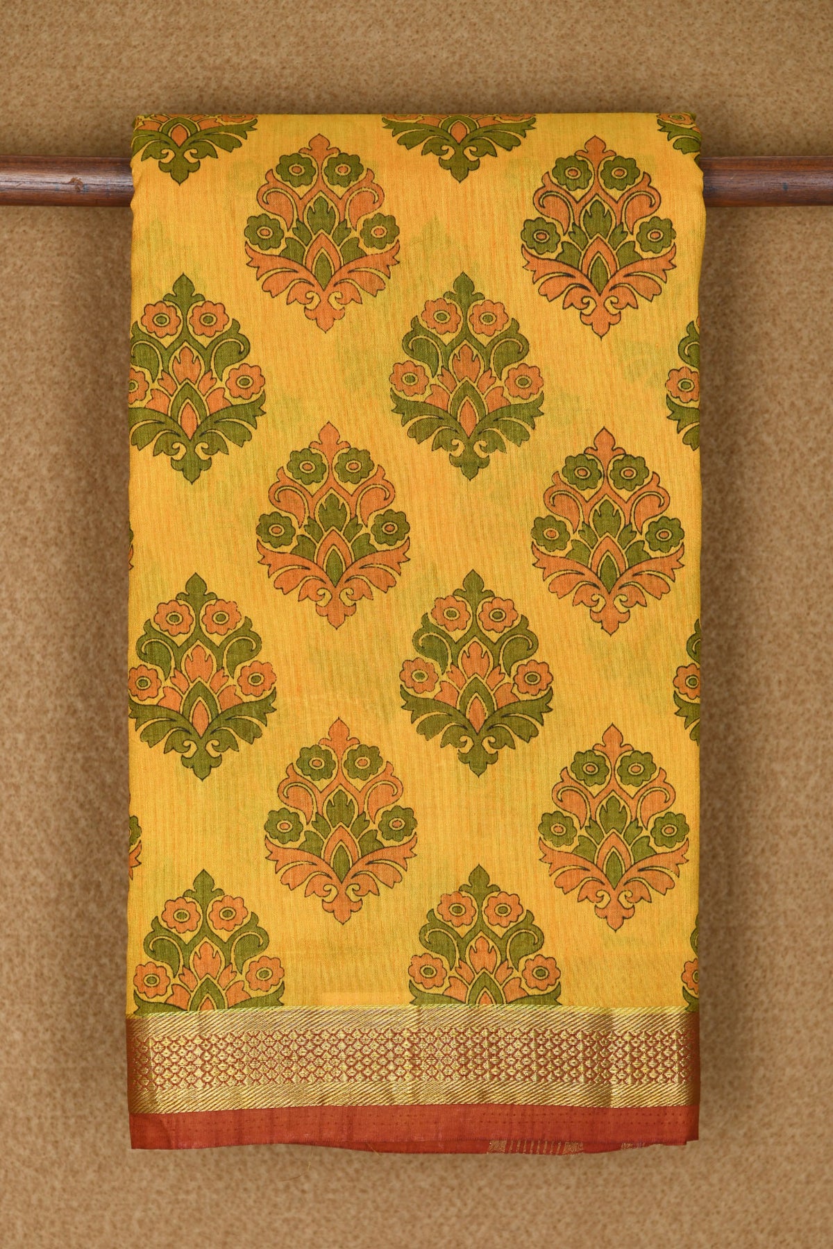 Zari Border With Floral Printed Yellow Semi Raw Silk Saree