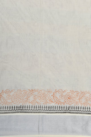 Silver Zari Border With Paisley Design Hand Block Printed Off White Onam Pure Cotton Saree