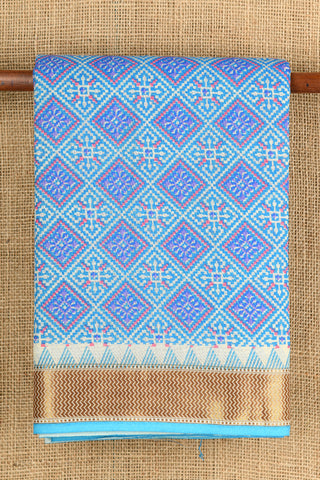 Zari Border With Geometric Pattern Cerulean Blue Chanderi Cotton Saree
