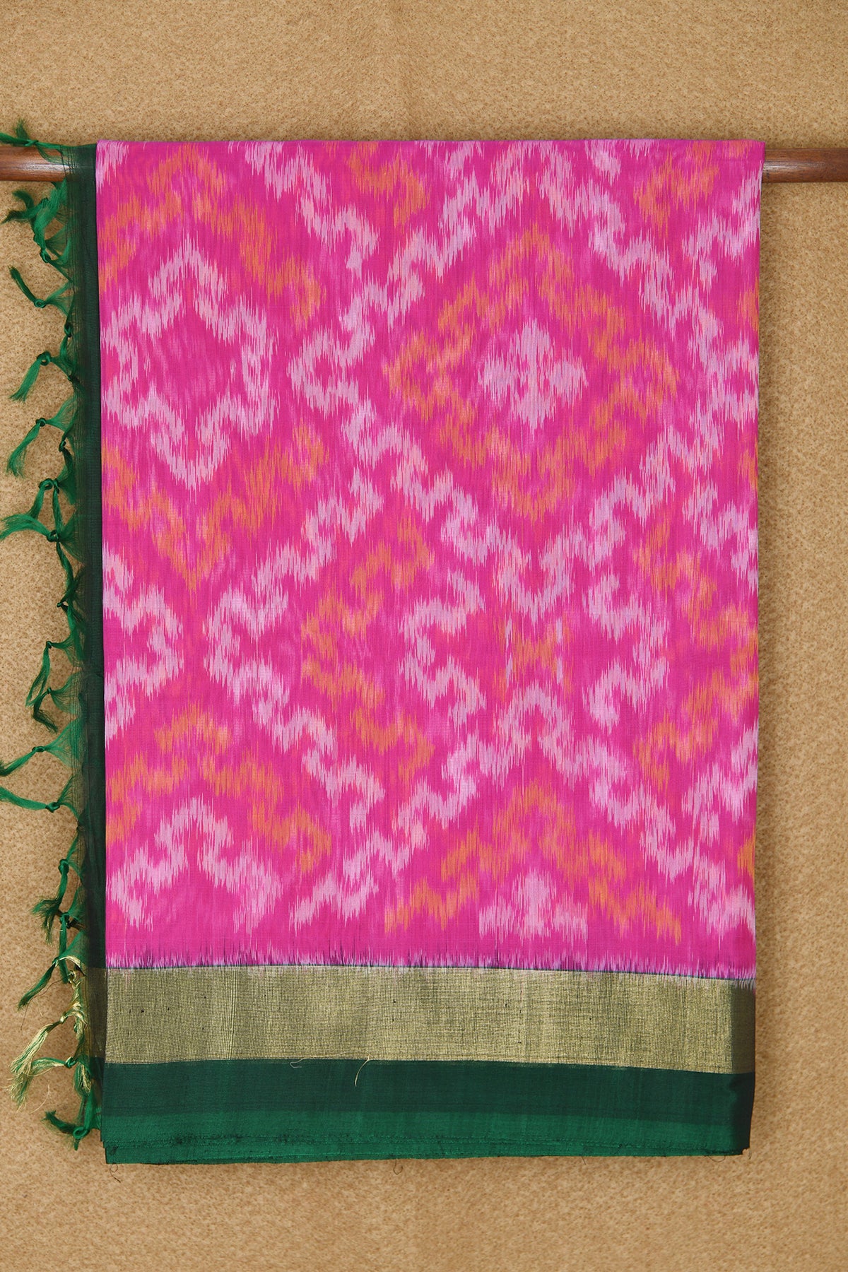 Zari Border With Geometric Pattern Hot Pink Kora Silk Cotton Saree