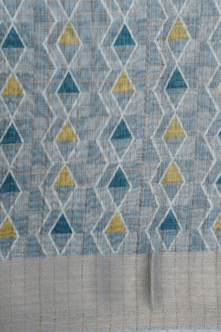 Zari Border With Geometric Pattern Printed Pastel Blue Chanderi Linen Saree