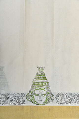 Zari Border With Kathakali Hand Block Printed Off White Onam Pure Cotton Saree