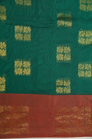 Zari Border With Leaf Butta Forest Green Semi Kora Silk Cotton Saree