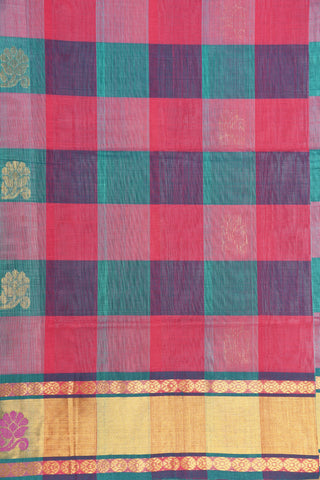 Zari Border With Multicolor Checks And Floral Butta Venkatagiri Cotton Saree