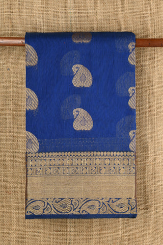 Zari Border With Paisley Butta Navy Blue Semi Kora Silk Cotton Saree