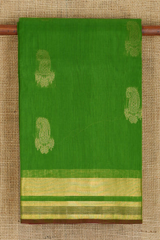 Zari Border With Paisley Butta Parrot Green Kora Silk Cotton Saree