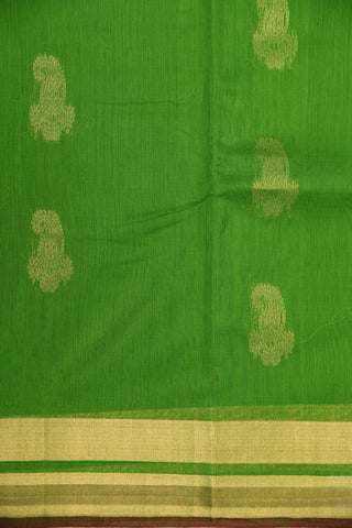 Zari Border With Paisley Butta Parrot Green Kora Silk Cotton Saree