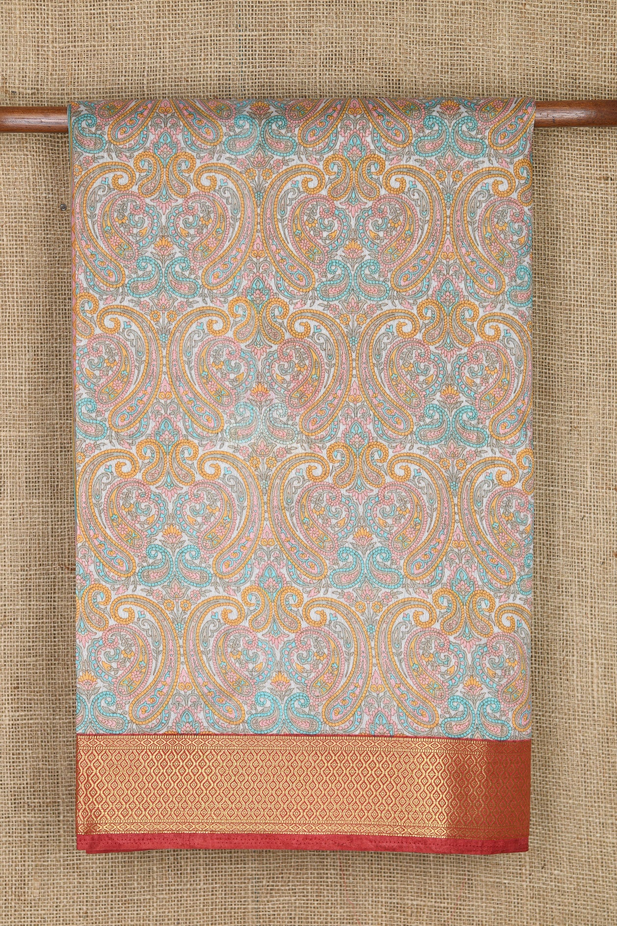 Zari Border With Paisley Digital Printed Multicolor Semi Raw Silk Saree