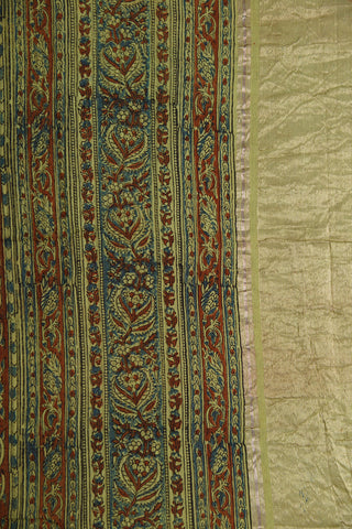Zari Border With Paisley Ajrakh Printed Mehandi Green Mangalagiri Cotton Saree