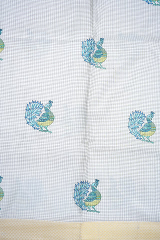 Zari Border With Peacock Printed White Kanchipuram Silk Saree