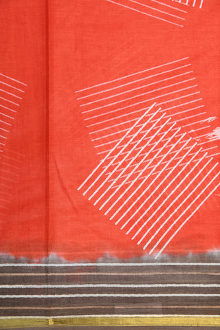 Zari Border With Stripes Bright Orange Printed Ahmedabad Cotton Saree