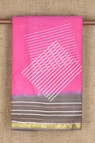Zari Border With Stripes Hot Pink Printed Ahmedabad Cotton Saree