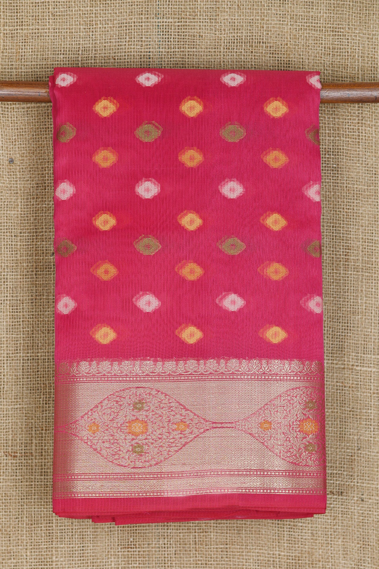 Zari Border With Thread Work Buttis Magenta Pink Semi Kota Cotton Saree