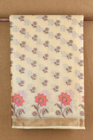 Zari Border With Thread Work Floral Buttas Cream Color Raw Silk Saree