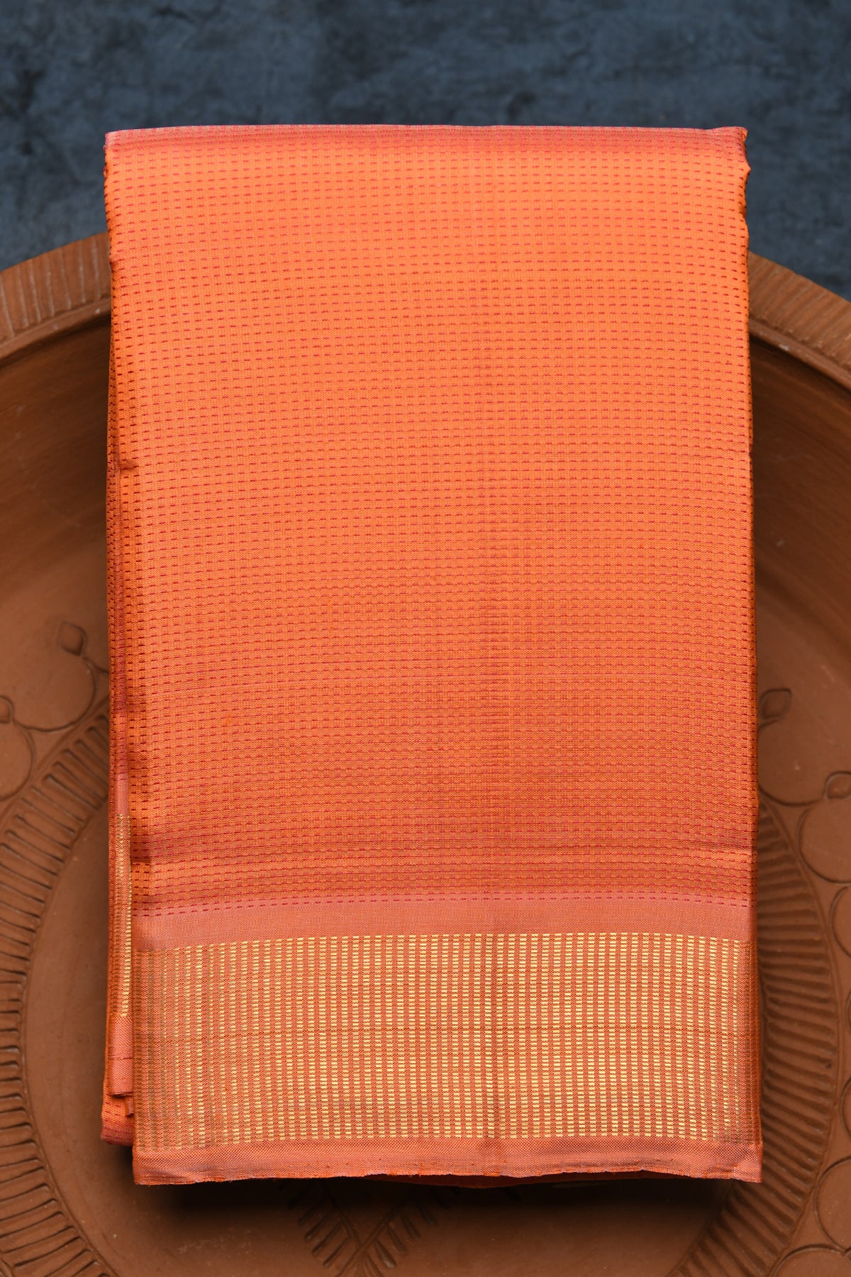 Zari Border With Thread Work Stripes Bright Orange Kanchipuram Silk Saree