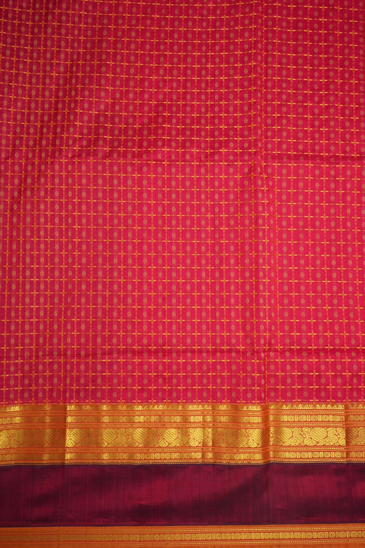 Zari Border With Threadwork Checks Chilli Red Silk Cotton Saree
