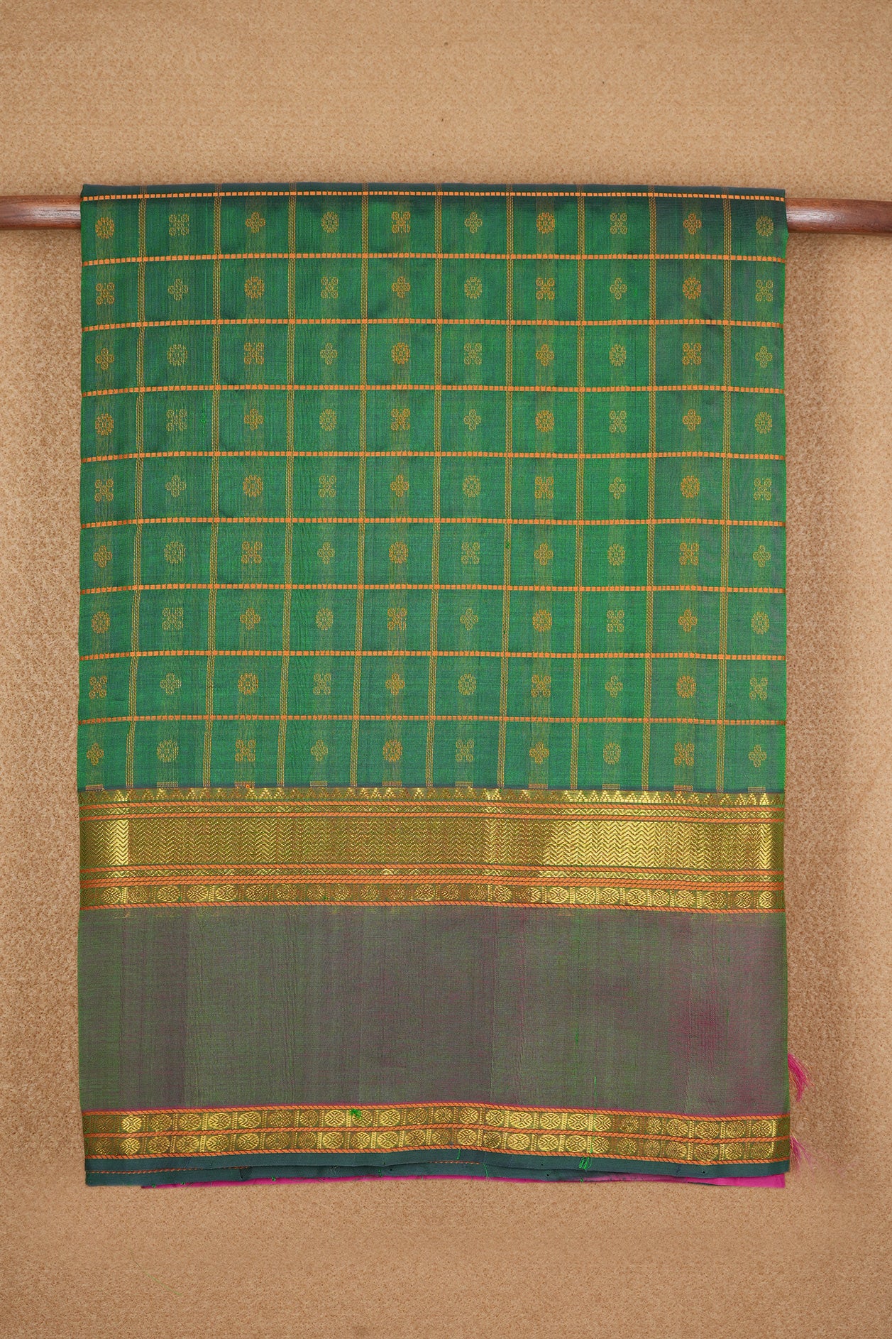 Zari Border With Threadwork Checks Emerald Green Silk Cotton Saree