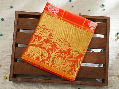 Zari Border With Traditional Buttas Bright Orange Kanchipuram Silk Unstitched Pavadai Sattai Material